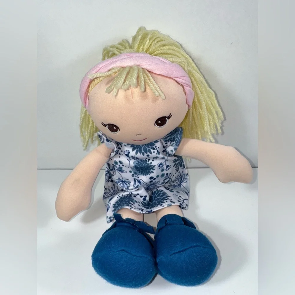 GUND Baby Toddler Doll Plush Blonde, blue floral Dress, 8